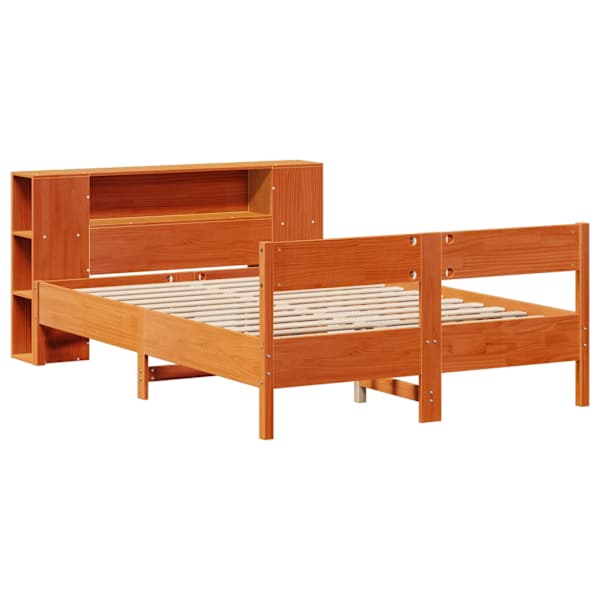 Voodiraam riiuliga peatsiga, vahapruun, 140 × 200 cm, männipuit — mudel 3322950