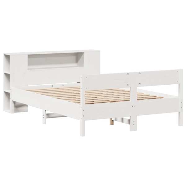 Voodiraam riiuliga peatsiga, valge, 140 × 190 cm, männipuit — mudel 3322955