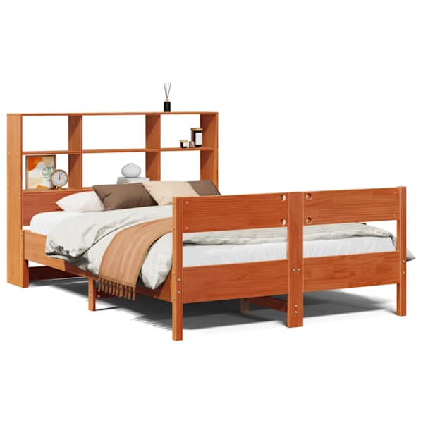 Voodiraam riiuliga peatsiga, vahapruun, 135 × 190 cm, männipuit — mudel 3323004