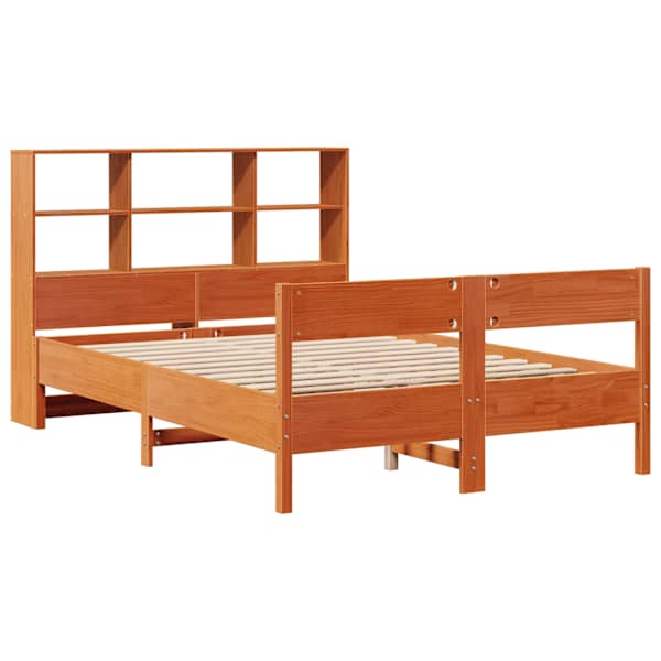 Voodiraam riiuliga peatsiga, vahapruun, 135 × 190 cm, männipuit — mudel 3323004