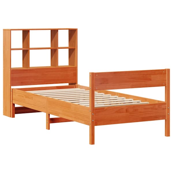 Voodiraam riiuliga peatsiga, vahapruun, 75 × 190 cm, männipuit — mudel 3323013