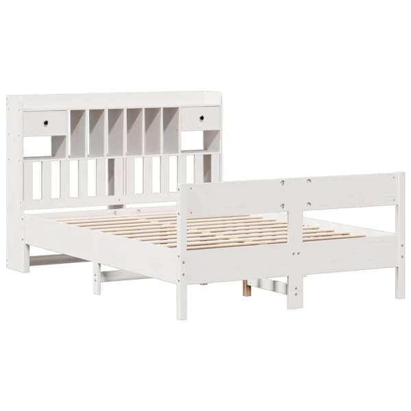 Sahtlitega voodiraam riiuliga peatsiga, valge, 140 × 200 cm, männipuit — mudel 3323027
