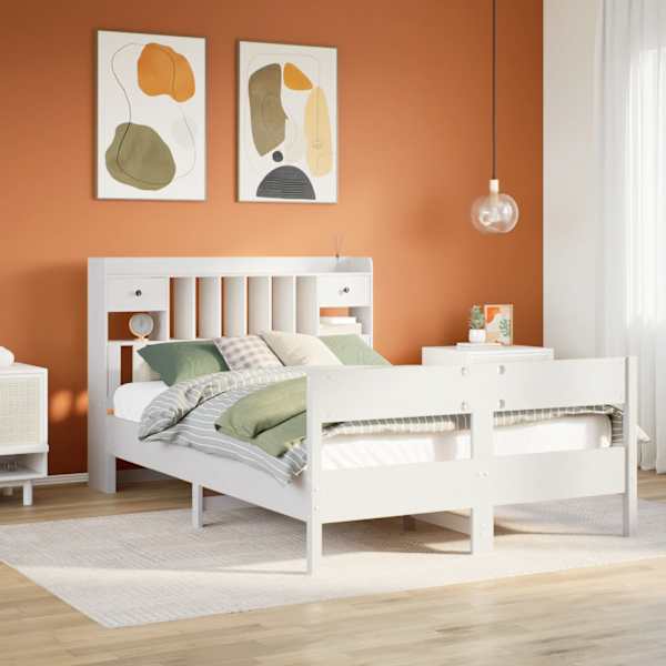 Sahtlitega voodiraam riiuliga peatsiga, valge, 140 × 200 cm, männipuit — mudel 3323027