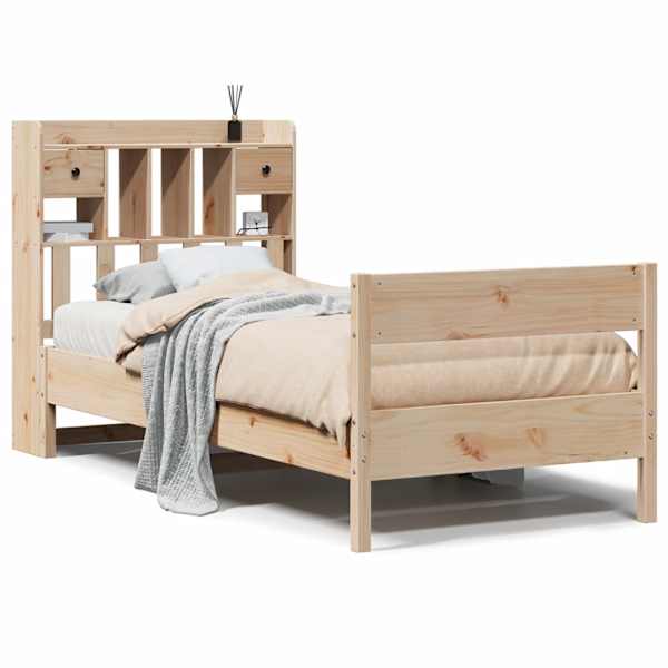 Sahtlitega voodiraam riiuliga peatsiga, 75 × 190 cm, männipuit — mudel 3323050