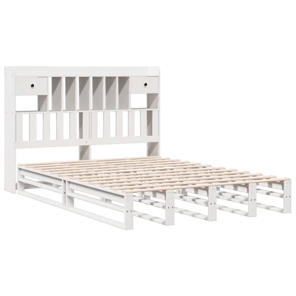 Voodiraam riiuliga peatsiga, valge, 160 × 200 cm, männipuit — mudel 3323966