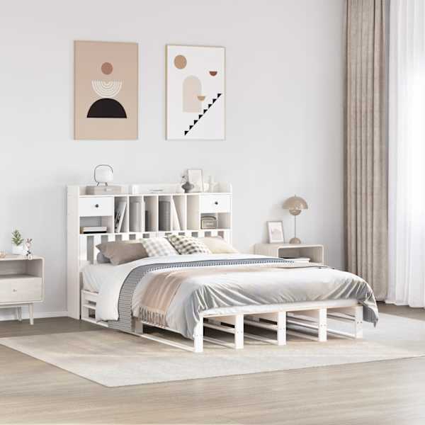 Voodiraam riiuliga peatsiga, valge, 160 × 200 cm, männipuit — mudel 3323966