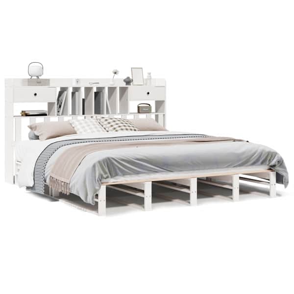 Voodiraam riiuliga peatsiga, valge, 180 × 200 cm, männipuit — mudel 3323969