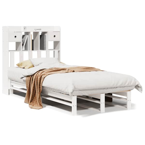 Voodiraam riiuliga peatsiga, valge, 75 × 190 cm, männipuit — mudel 3323975
