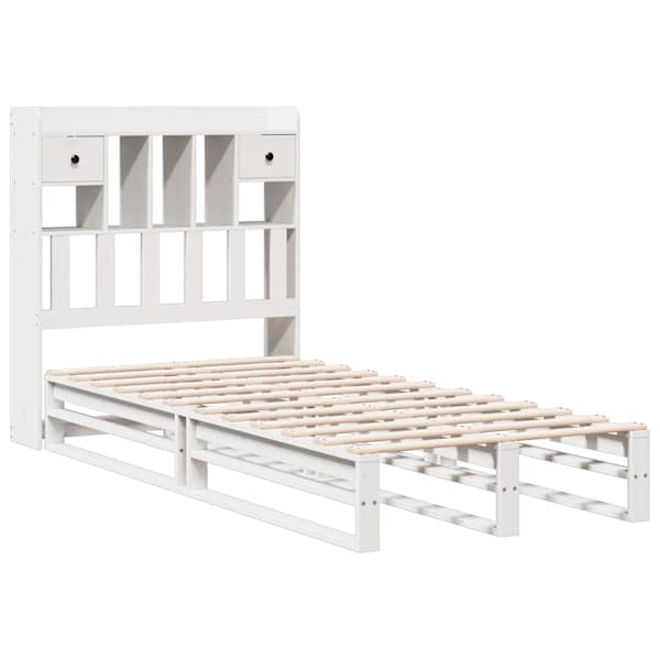 Voodiraam riiuliga peatsiga, valge, 75 × 190 cm, männipuit — mudel 3323975