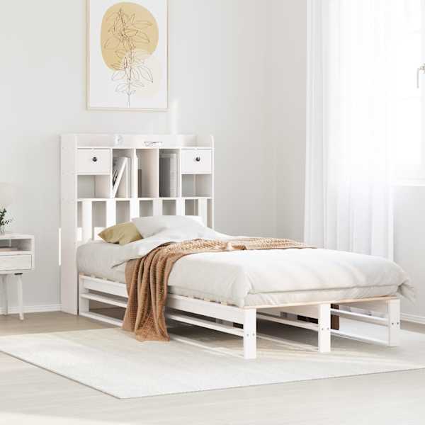 Voodiraam riiuliga peatsiga, valge, 75 × 190 cm, männipuit — mudel 3323975