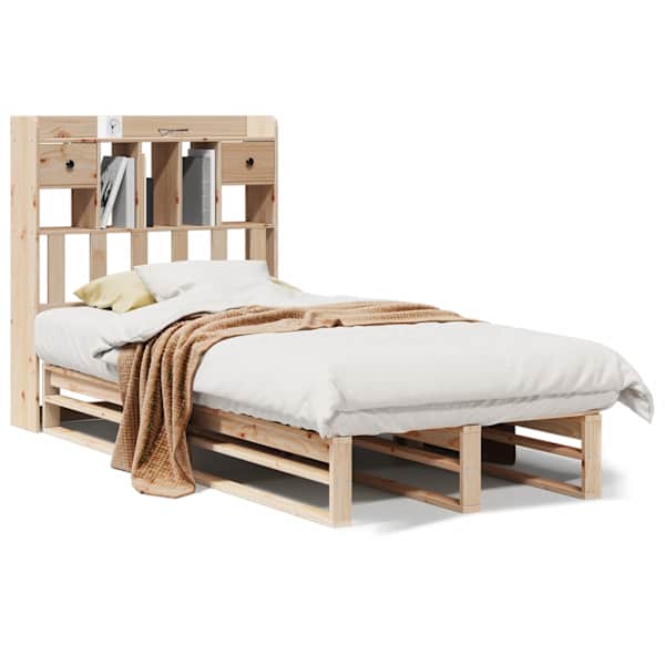 Voodiraam riiuliga peatsiga, 90 × 190 cm, männipuit — mudel 3323977
