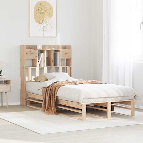 Voodiraam riiuliga peatsiga, 90 × 190 cm, männipuit — mudel 3323977