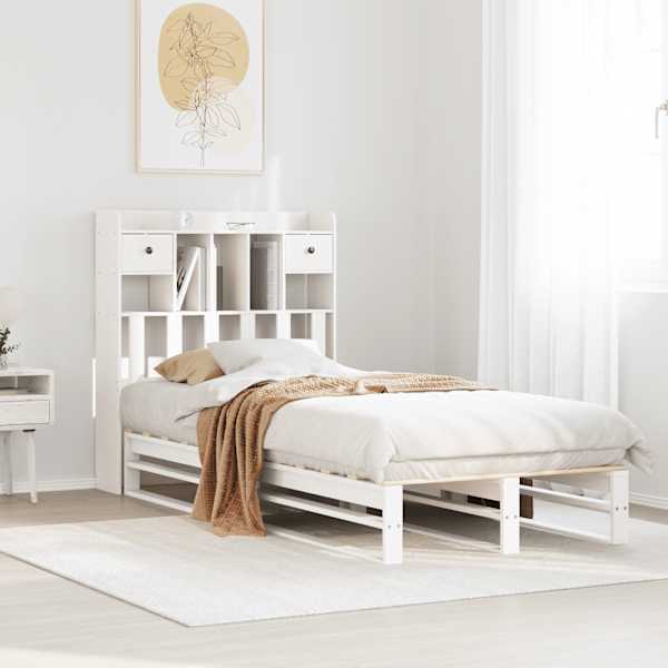 Voodiraam riiuliga peatsiga, valge, 90 × 190 cm, männipuit — mudel 3323978