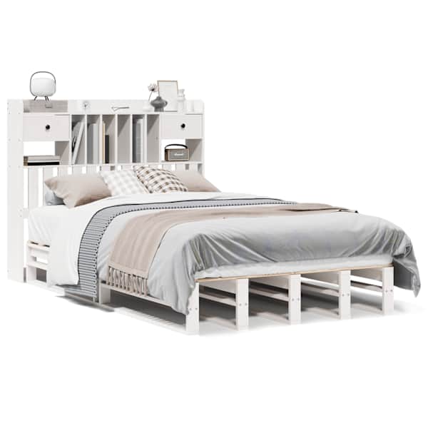 Voodiraam riiuliga peatsiga, valge, 135 × 190 cm, männipuit — mudel 3323984