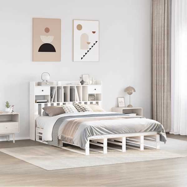 Voodiraam riiuliga peatsiga, valge, 140 × 190 cm, männipuit — mudel 3323987