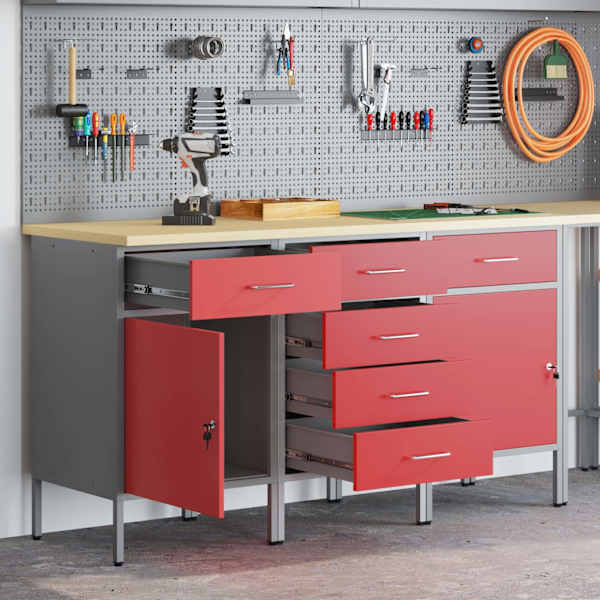 Töökojamööbli komplekt, 3 osa – punane ja hall, 150 × 55 × 85 cm – 3321371