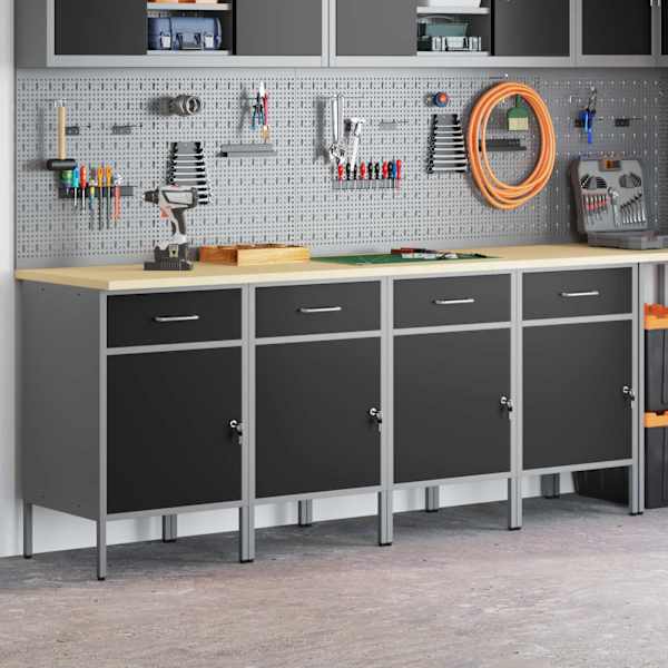 Töökojamööbli komplekt, 4 osa – must ja hall, 200 × 55 × 85 cm – 3321384