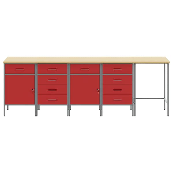 Töökojamööbli komplekt, 5 osa – punane ja hall, 255 × 55 × 85 cm – 3321395
