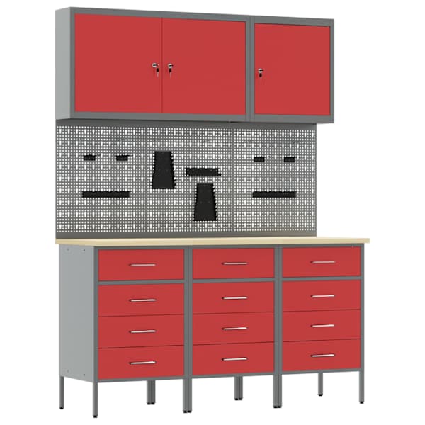 Töökojamööbli komplekt, 8 osa – punane ja hall, 150 × 55 × 200 cm – 3321435