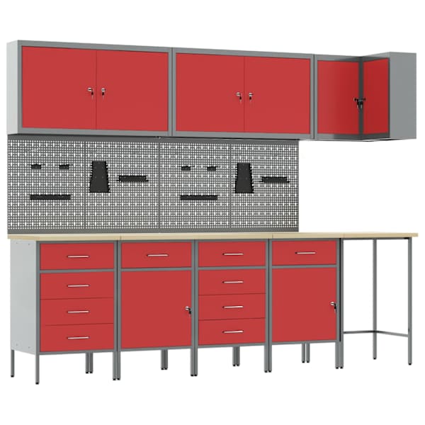 Töökojamööbli komplekt, 12 osa – punane ja hall, 255 × 55 × 200 cm – 3321511