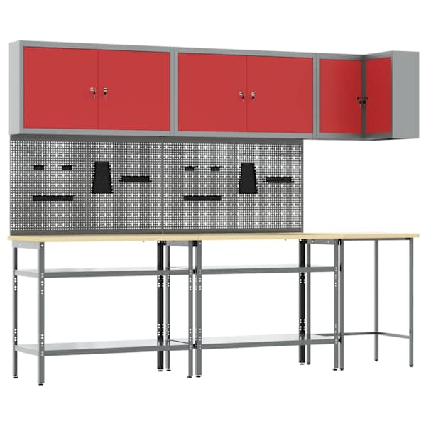Töökojamööbli komplekt, 10 osa – punane ja hall, 255 × 55 × 220 cm – 3321515