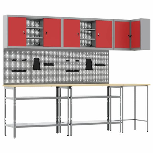 Töökojamööbli komplekt, 10 osa – punane ja hall, 255 × 55 × 220 cm – 3321517