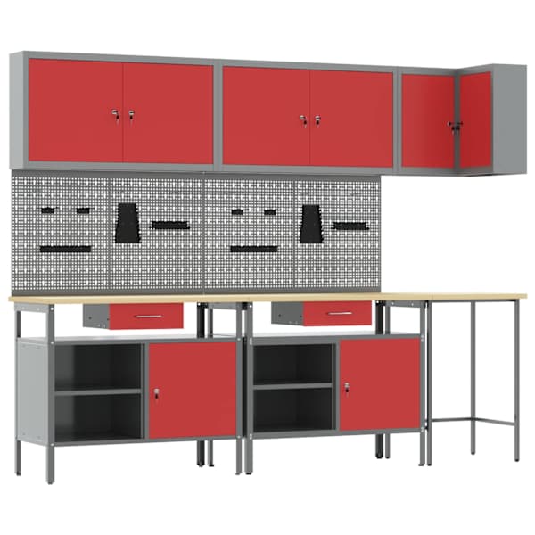 Töökojamööbli komplekt, 10 osa – punane ja hall, 255 × 55 × 220 cm – 3321519