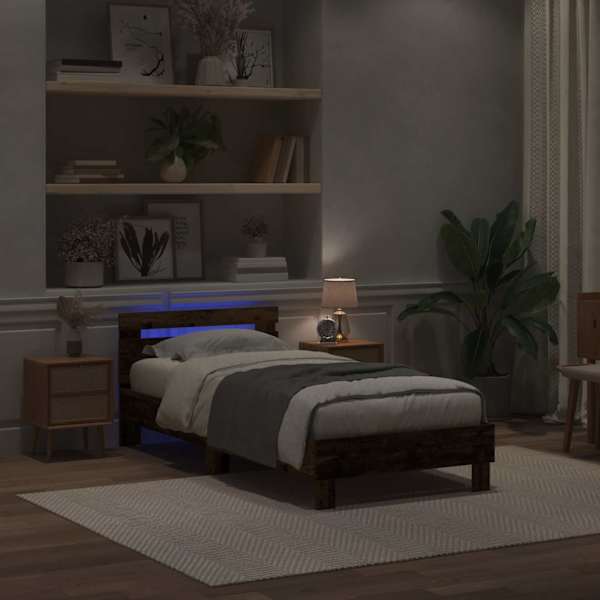 LED-valgustusega voodiraam peatsiga, vana puit, 90 × 190 cm, tehispuit — mudel 863805
