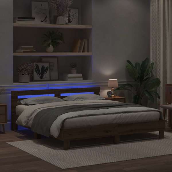 LED-valgustusega voodiraam peatsiga, Artisan tamm, 200 × 200 cm, tehispuit — mudel 3333934