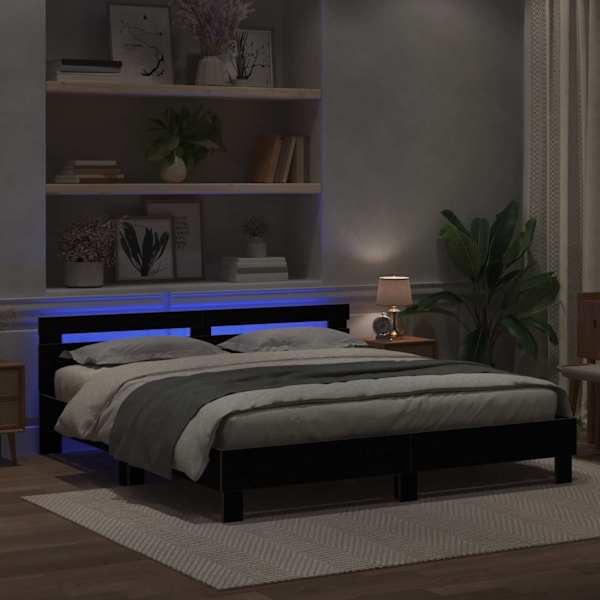 LED-valgustusega voodiraam peatsiga, must tamm, 200 × 200 cm, tehispuit — mudel 3333935