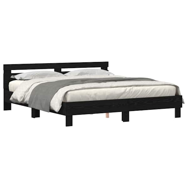 LED-valgustusega voodiraam peatsiga, must tamm, 200 × 200 cm, tehispuit — mudel 3333935