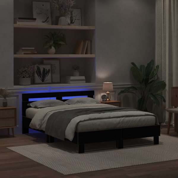 LED-valgustusega voodiraam peatsiga, must tamm, 160 × 200 cm, tehispuit — mudel 3333941