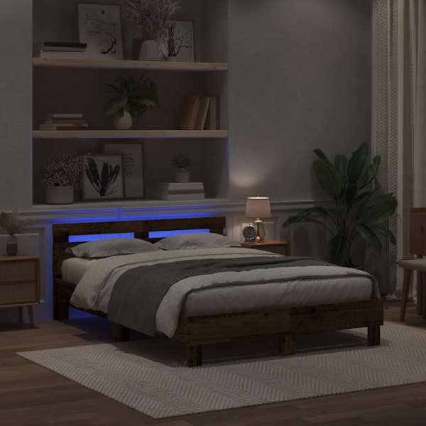 LED-valgustusega voodiraam peatsiga, vana puit, 140 × 200 cm, tehispuit — mudel 3333945