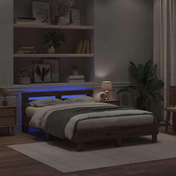 LED-valgustusega voodiraam peatsiga, Artisan tamm, 140 × 200 cm, tehispuit — mudel 3333946
