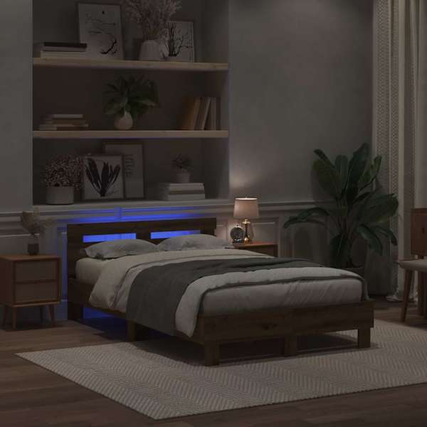 LED-valgustusega voodiraam peatsiga, Artisan tamm, 120 × 200 cm, tehispuit — mudel 3333949