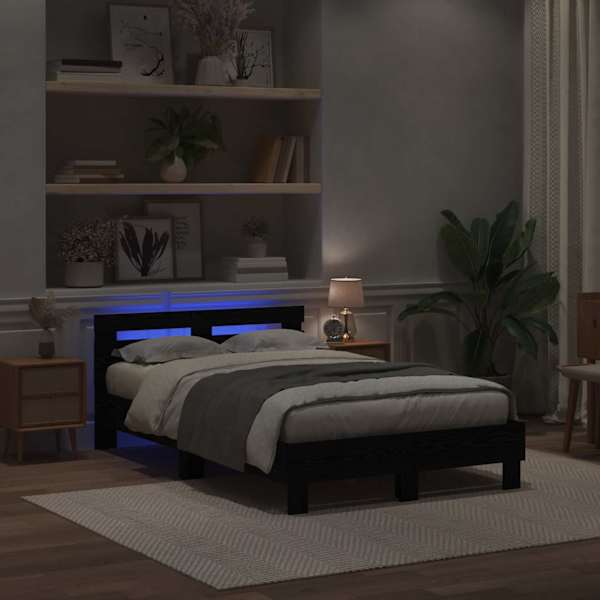 LED-valgustusega voodiraam peatsiga, must tamm, 120 × 200 cm, tehispuit — mudel 3333950