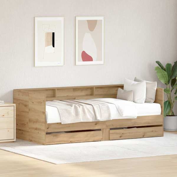 Sahtlitega diivanvoodi riiuliga, Artisan tamm, 90 × 200 cm, tehispuit — mudel 3334000