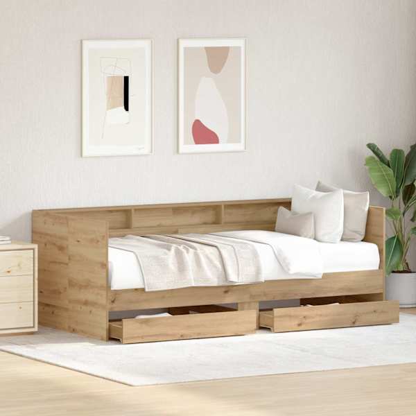 Sahtlitega diivanvoodi riiuliga, Artisan tamm, 90 × 200 cm, tehispuit — mudel 3334000