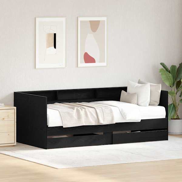 Sahtlitega diivanvoodi riiuliga, must tamm, 75 × 190 cm, tehispuit — mudel 3334007