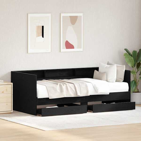 Sahtlitega diivanvoodi riiuliga, must tamm, 75 × 190 cm, tehispuit — mudel 3334007