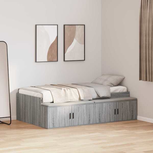 Sahtlitega voodiraam, hall sonoma, 70 × 190 cm, tehispuit — mudel 3335218
