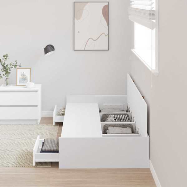 Sahtlitega voodiraam peatsiga, valge, 90 × 200 cm, tehispuit — mudel 3335229