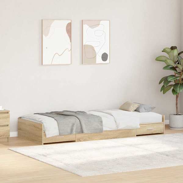 Sahtlitega voodiraam peatsiga, sonoma tamm, 90 × 200 cm, tehispuit — mudel 3335231