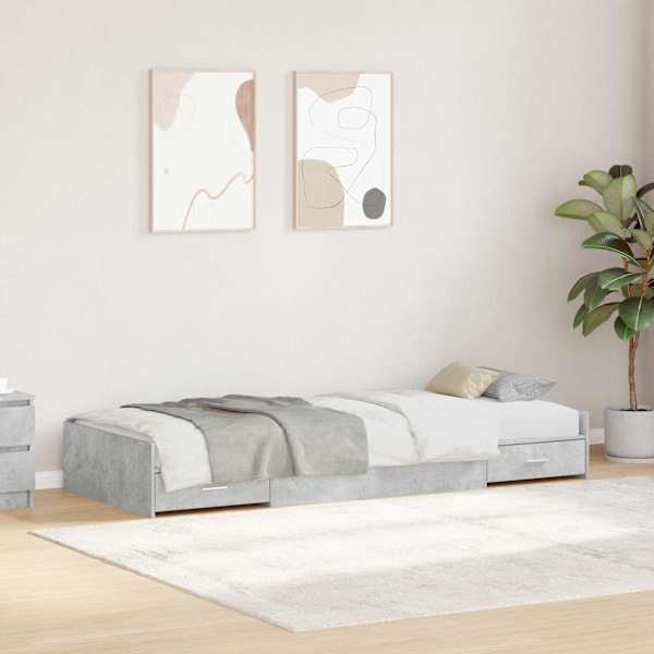 Sahtlitega voodiraam peatsiga, betoonhall, 90 × 200 cm, tehispuit — mudel 3335232