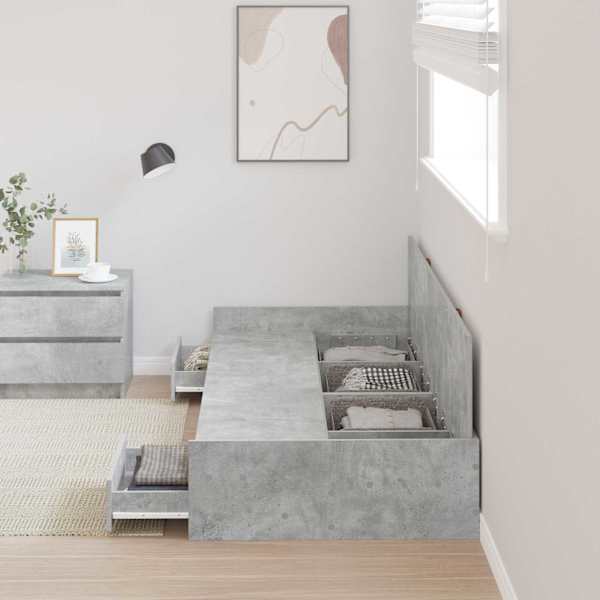 Sahtlitega voodiraam peatsiga, betoonhall, 90 × 200 cm, tehispuit — mudel 3335232