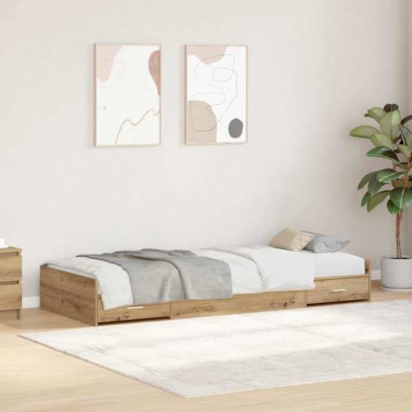 Sahtlitega voodiraam peatsiga, Artisan tamm, 80 × 200 cm, tehispuit — mudel 3335244