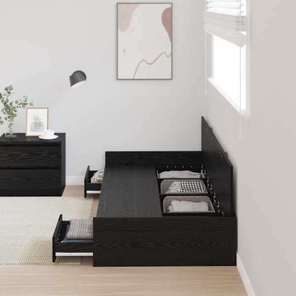 Sahtlitega voodiraam peatsiga, must tamm, 90 × 190 cm, tehispuit — mudel 3335246