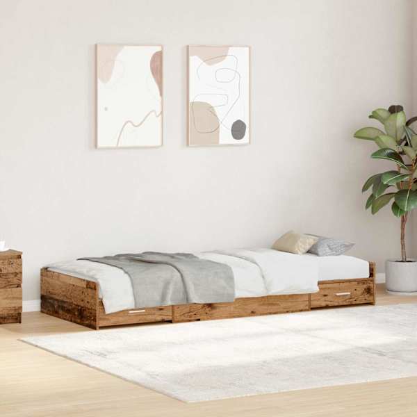 Sahtlitega voodiraam peatsiga, vana puit, 90 × 190 cm, tehispuit — mudel 3335251