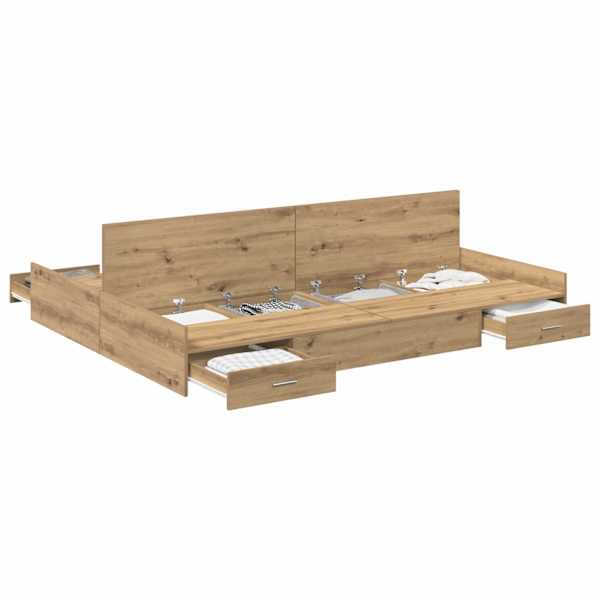 Sahtlitega voodiraam peatsiga, Artisan tamm, 150 × 200 cm, tehispuit — mudel 3335292