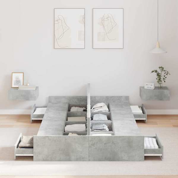 Sahtlitega voodiraam peatsiga, betoonhall, 120 × 200 cm, tehispuit — mudel 3335304